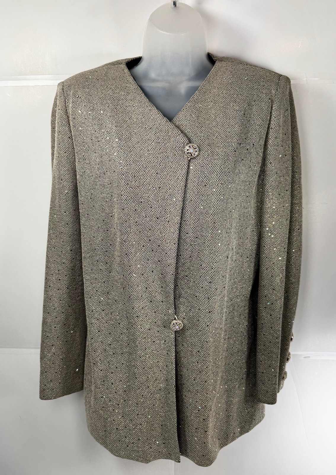 ST. JOHN Evening Marie Gray Gold Paillette Rhinestone Sequin Shiny Blazer 8 USA
