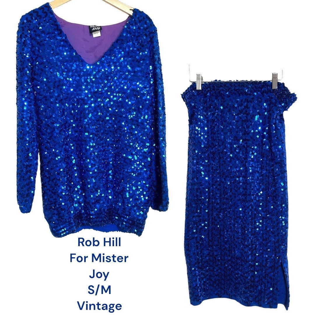Vintage Rob Hill for Mister Joy S royal blue sequined 2 piece top + skirt set