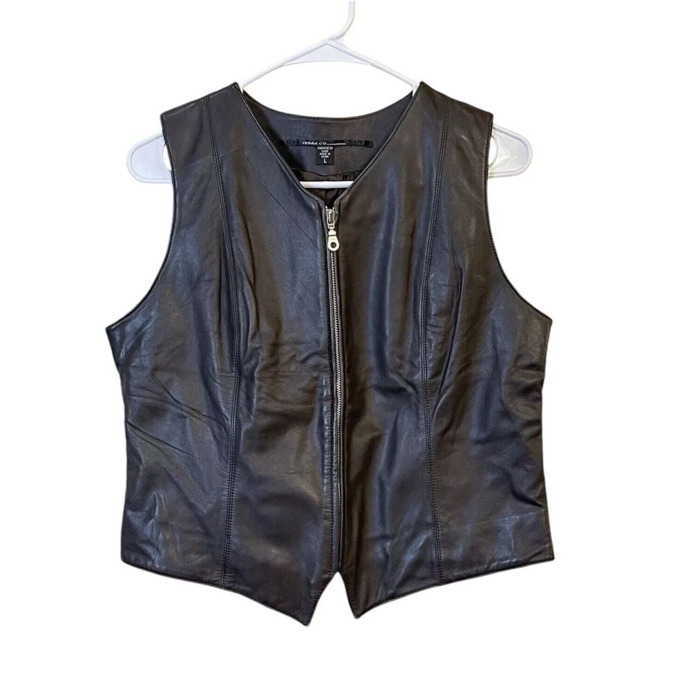 ISDA & CO Chocolate Brown Genuine Leather Zip V-neck Vest Size Large Festival