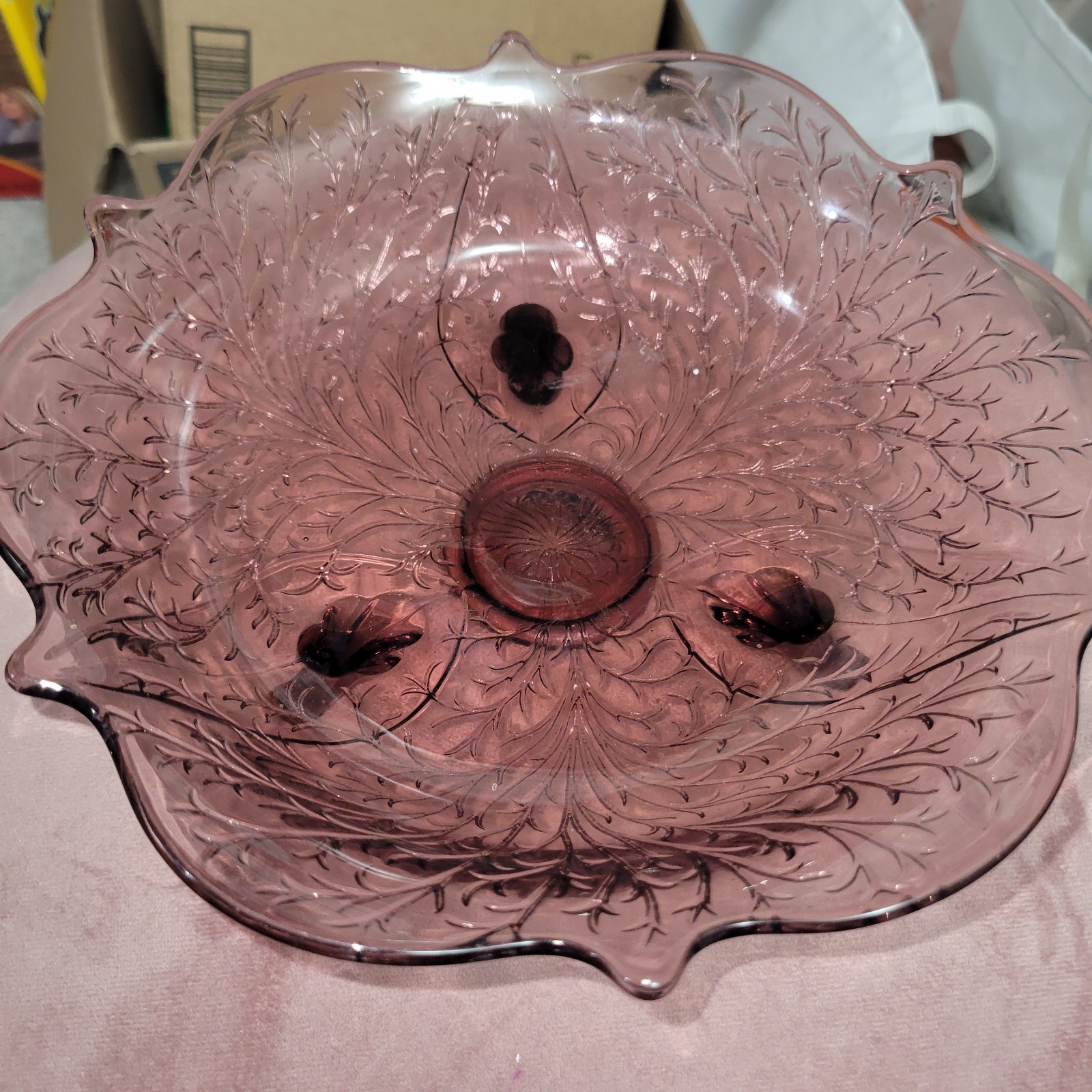Fenton Amethyst Wisteria 3 Footed Glass Dish