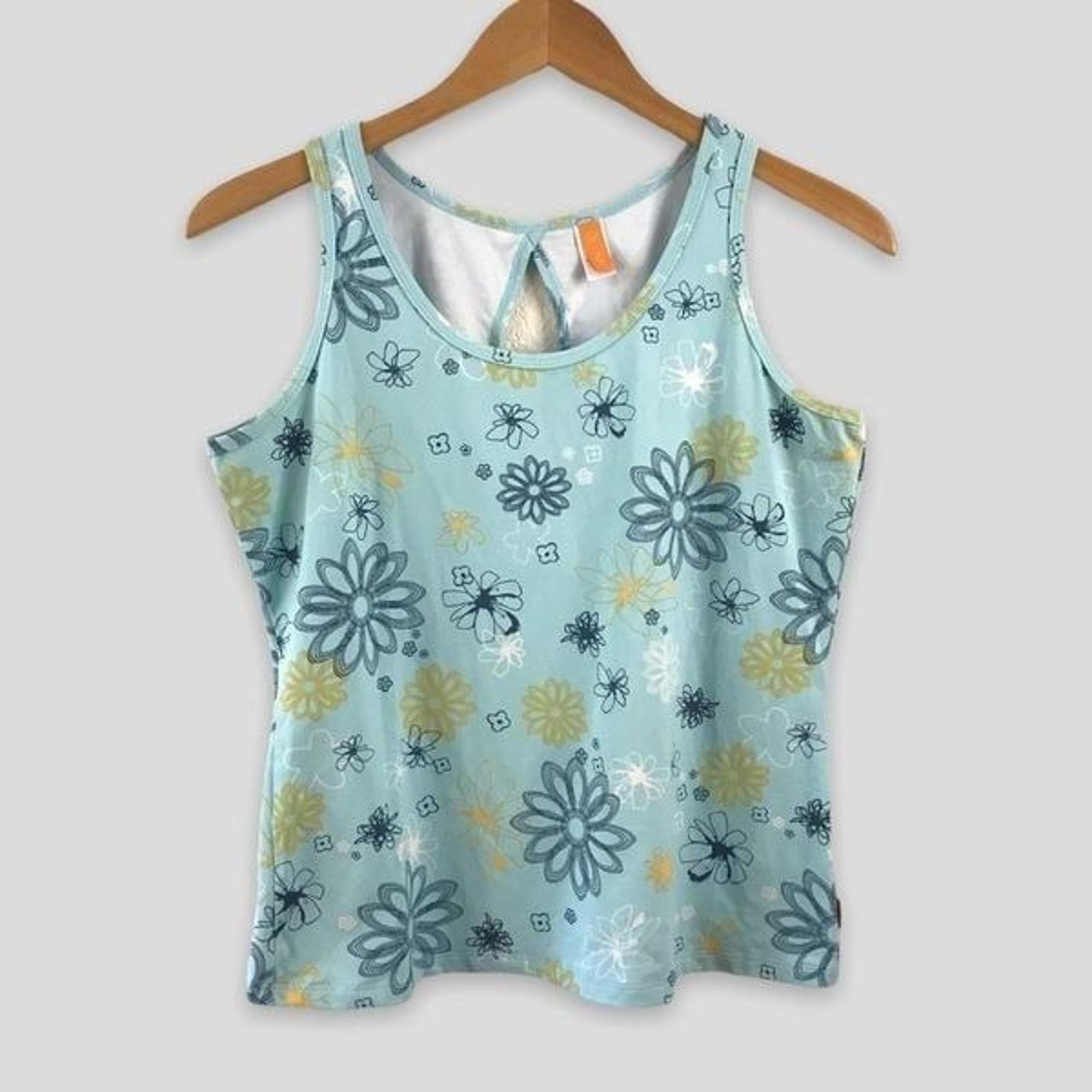 Lucy Athletic Women's L Keyhole Back Tank Top Pastel Blue Daisy Floral Cutesy
