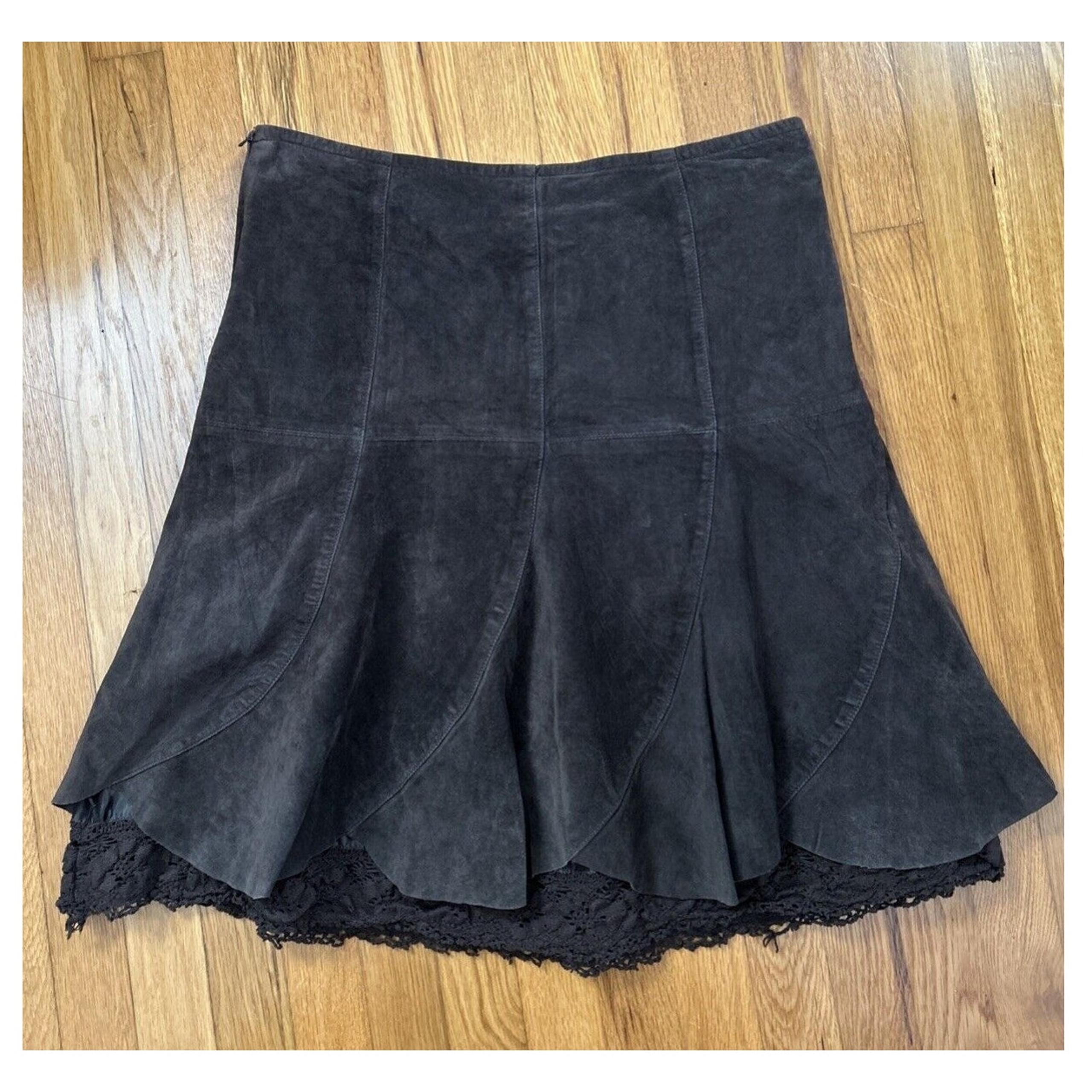 Anthropologie Leather Skirt with Scalloped Bottom and Lace Women's Sz 12 - Odille