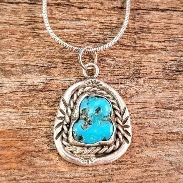 Vintage Sterling Navajo Blue Turquoise Stamped Pendant Necklace