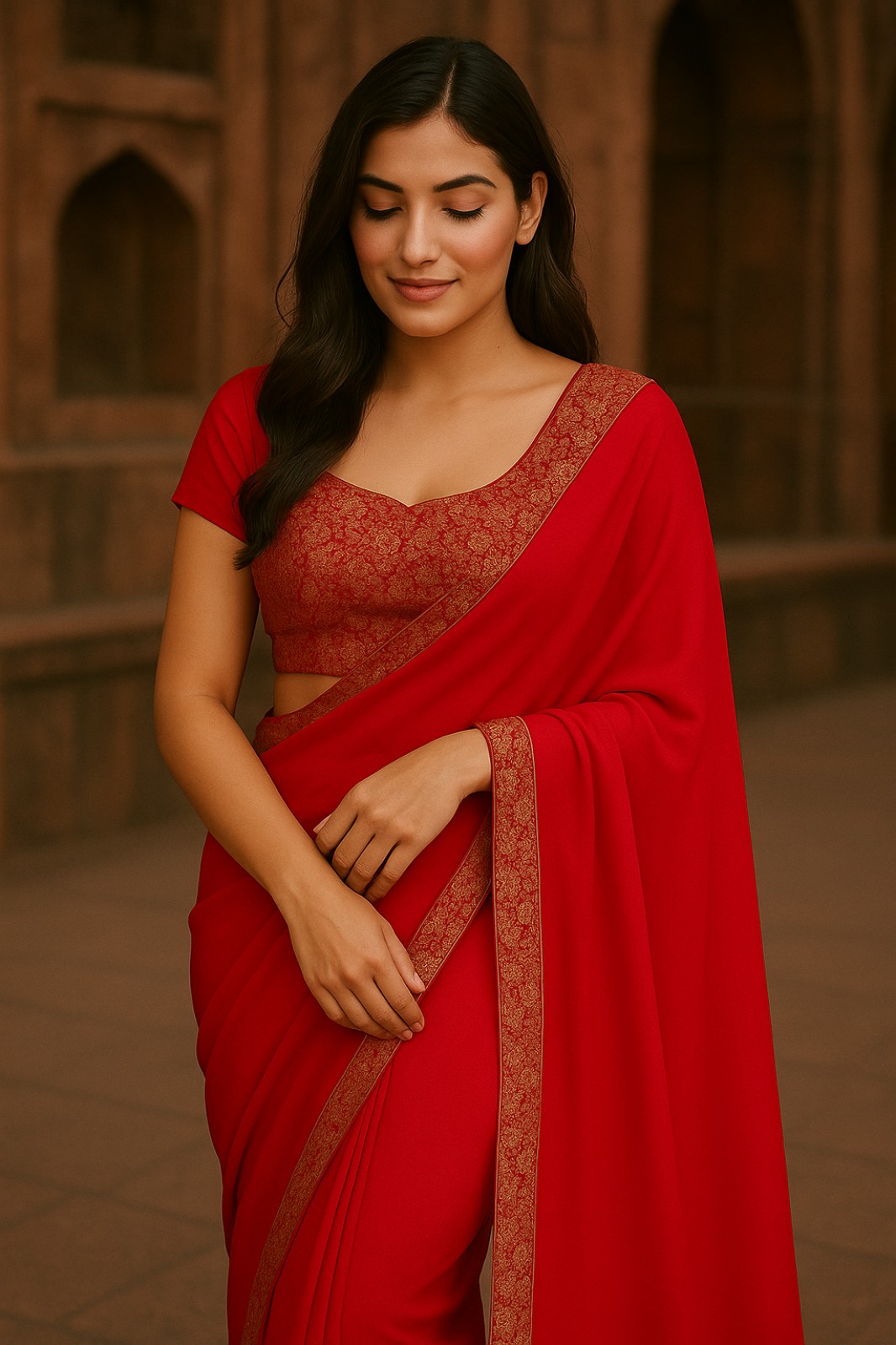 Women Gorgette Saree Party Wear Red (Stitched blouse)