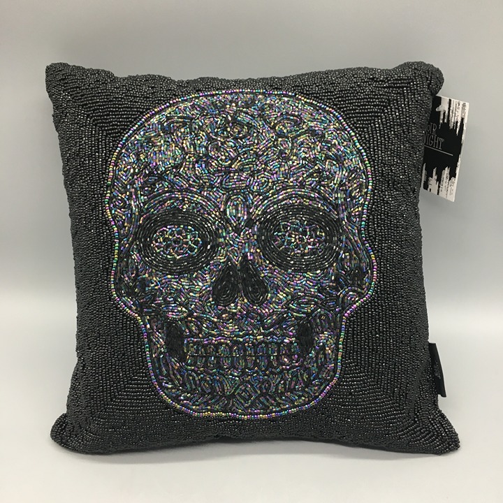 4 Halloween Iridescent Skull Black Beaded Throw Pillow Set Gothic Decor 14