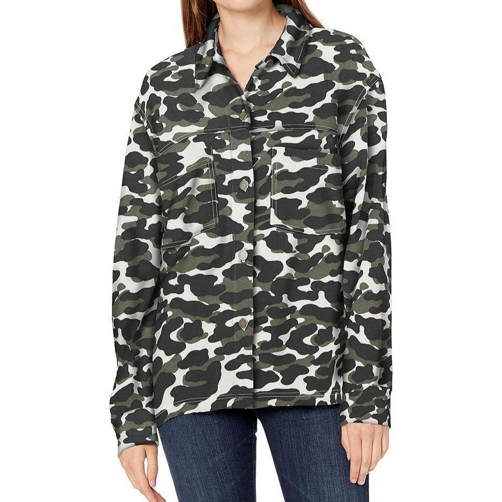 Monrow Camo Spread Collar Shirt Jacket Shacket Button-Up Pocket USA XS NWT P180