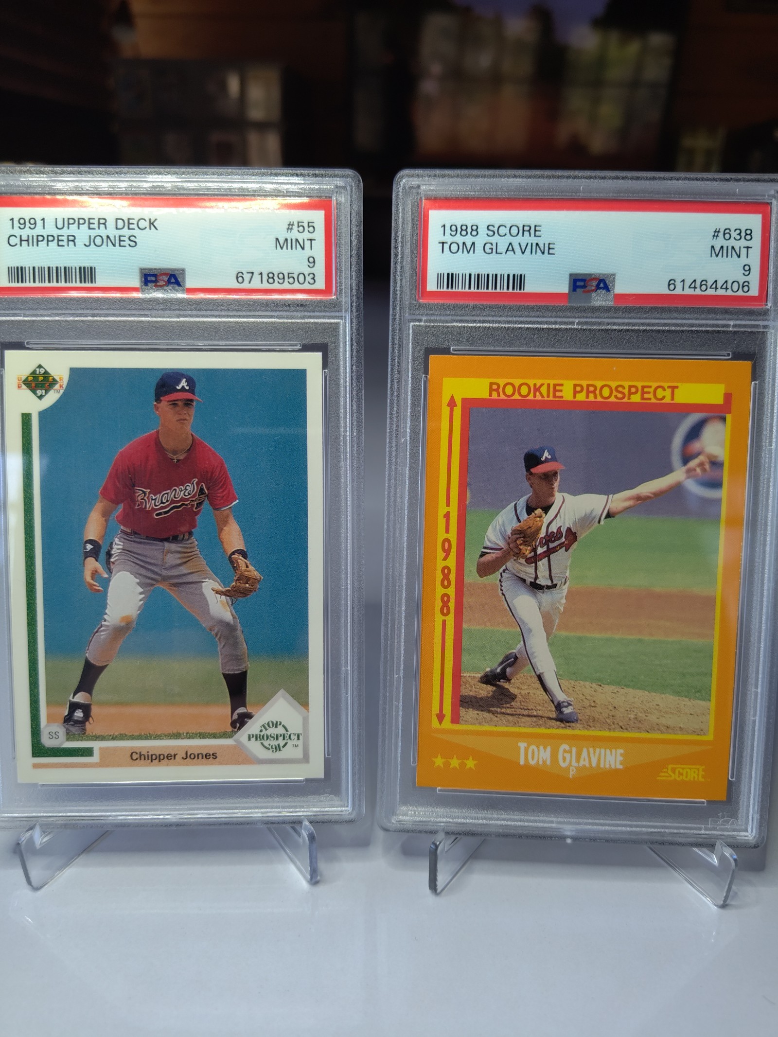 Braves HOF Rookies - 1991 UD Chipper Jones - 1988 Score Tom Glavine RC - PSA 9s