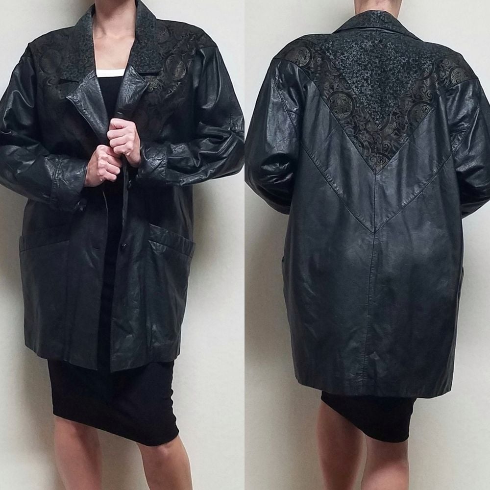 Rare 80s Vintage Brandon Thomas Floral Gold Deco Oversized Leather Trench Coat M