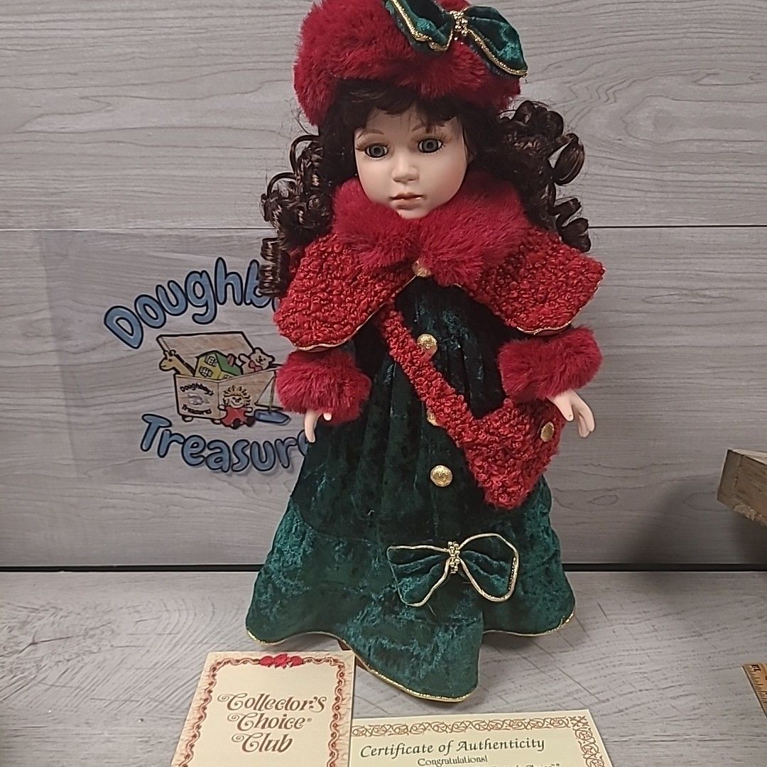 Vintage Collector's Choice Porcelain Christmas Girl Doll + COA + Stand VGC 1999