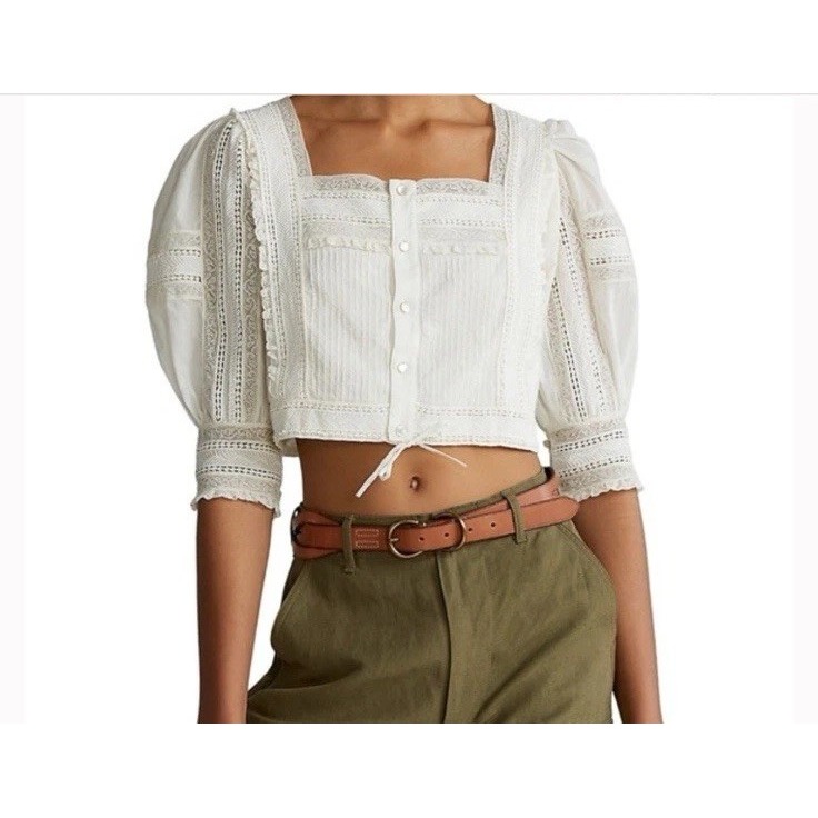 Polo Ralph Lauren Antique White Lace Cotton Voile Blouse Size 8 Ivory 398