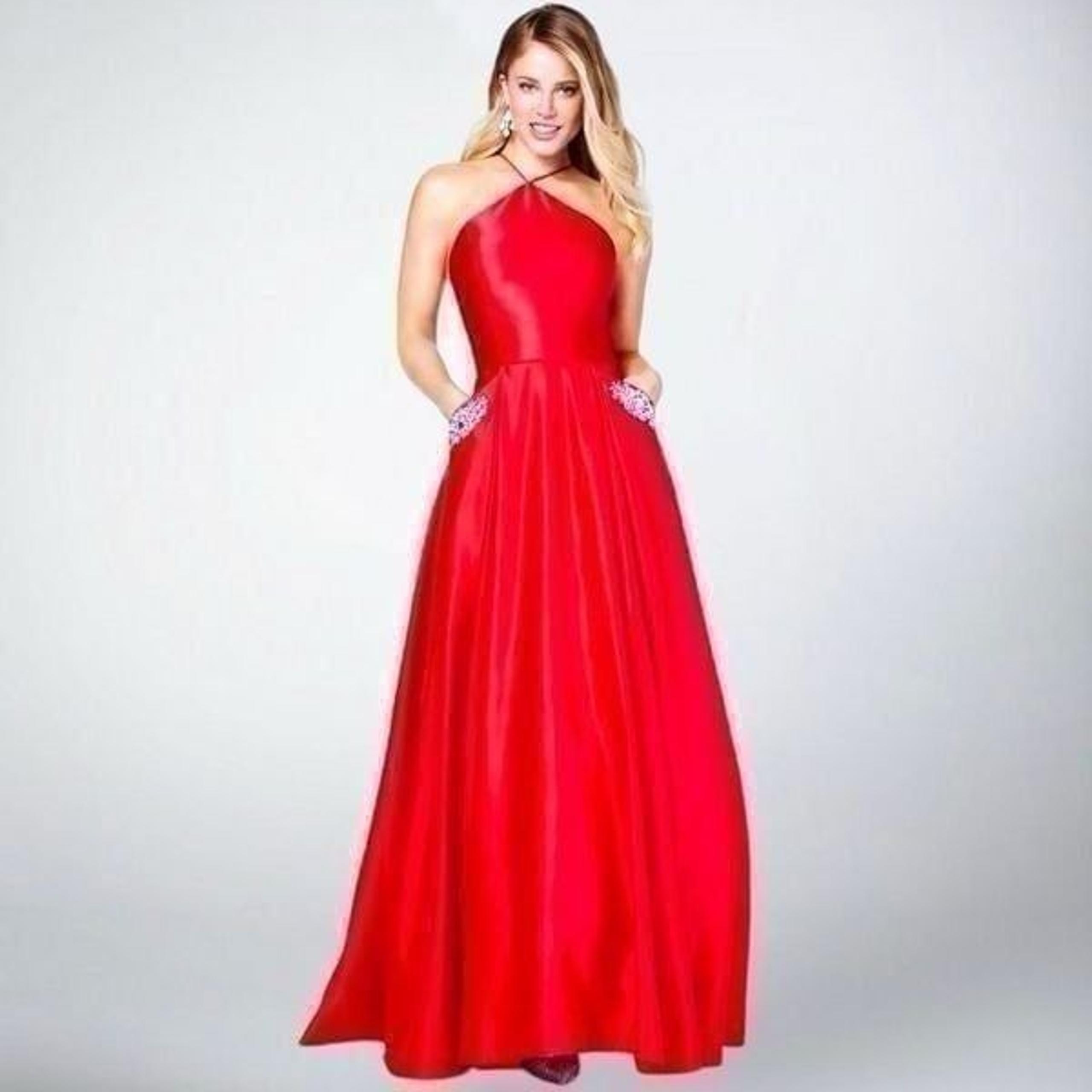 Blondie Nites Red Satin Halter & Pockets Prom Evening Dress Gown Sz 11