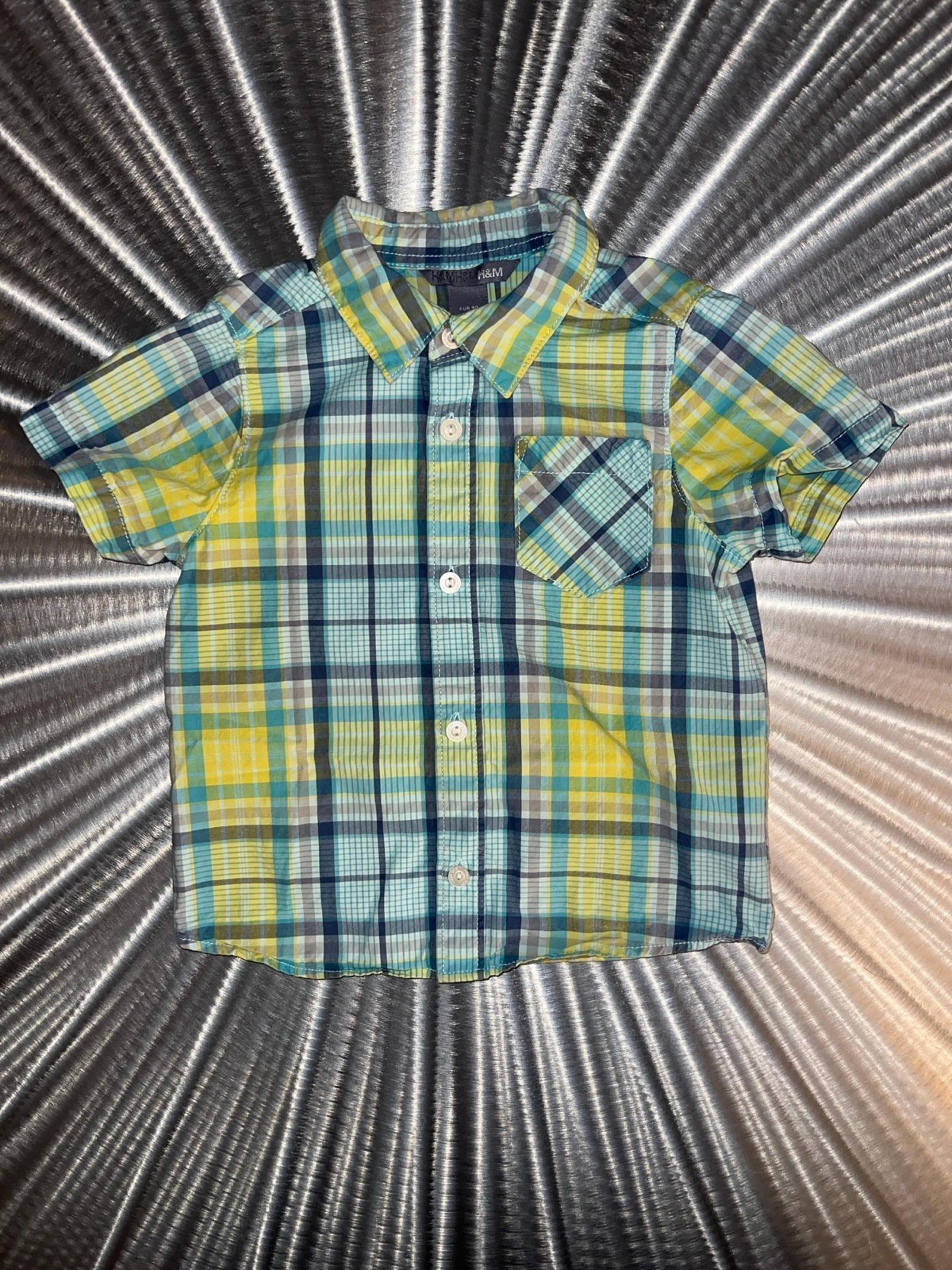 H&M 3T Boys Green Yellow Blue Button Down Short Sleeve Collared Dress Shirt