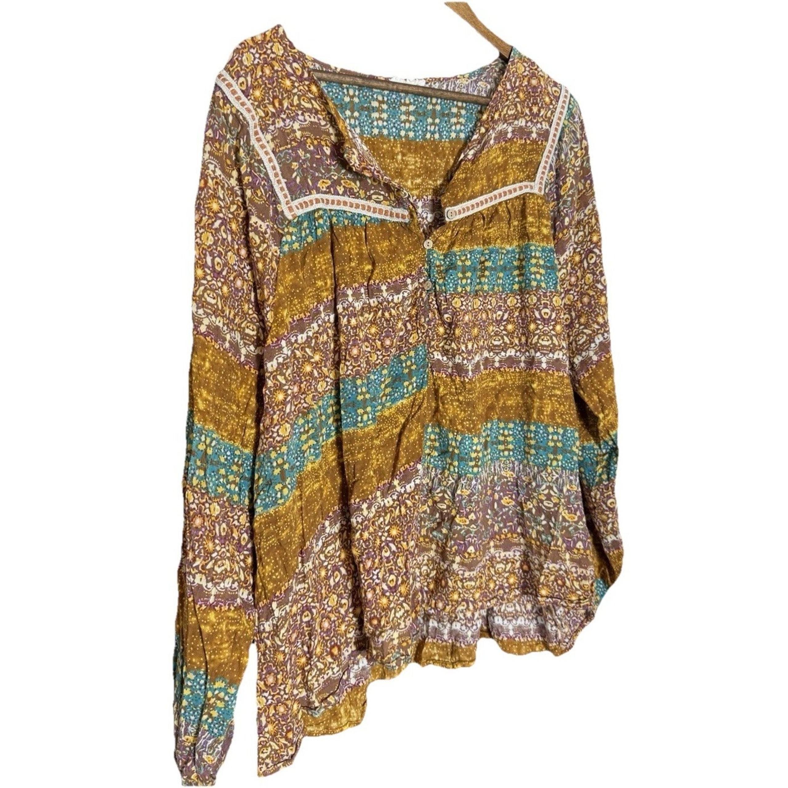 Easel Floral Pattern Print Multicolor Flowy Relax Blouse Boho 3X Cottage