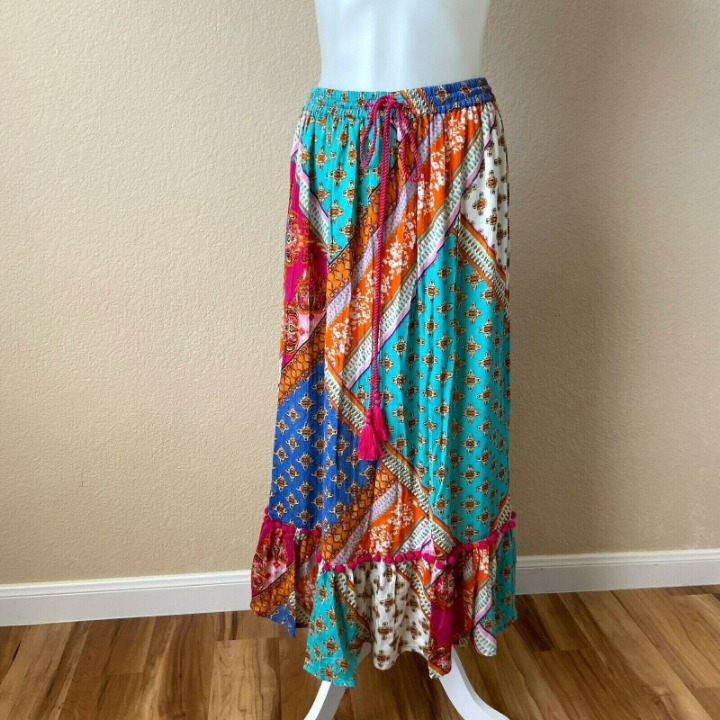 Anthropologie RD & koko Bright Color Skirt Sz: S Ruffle Pom Pom Bohemian Tassel
