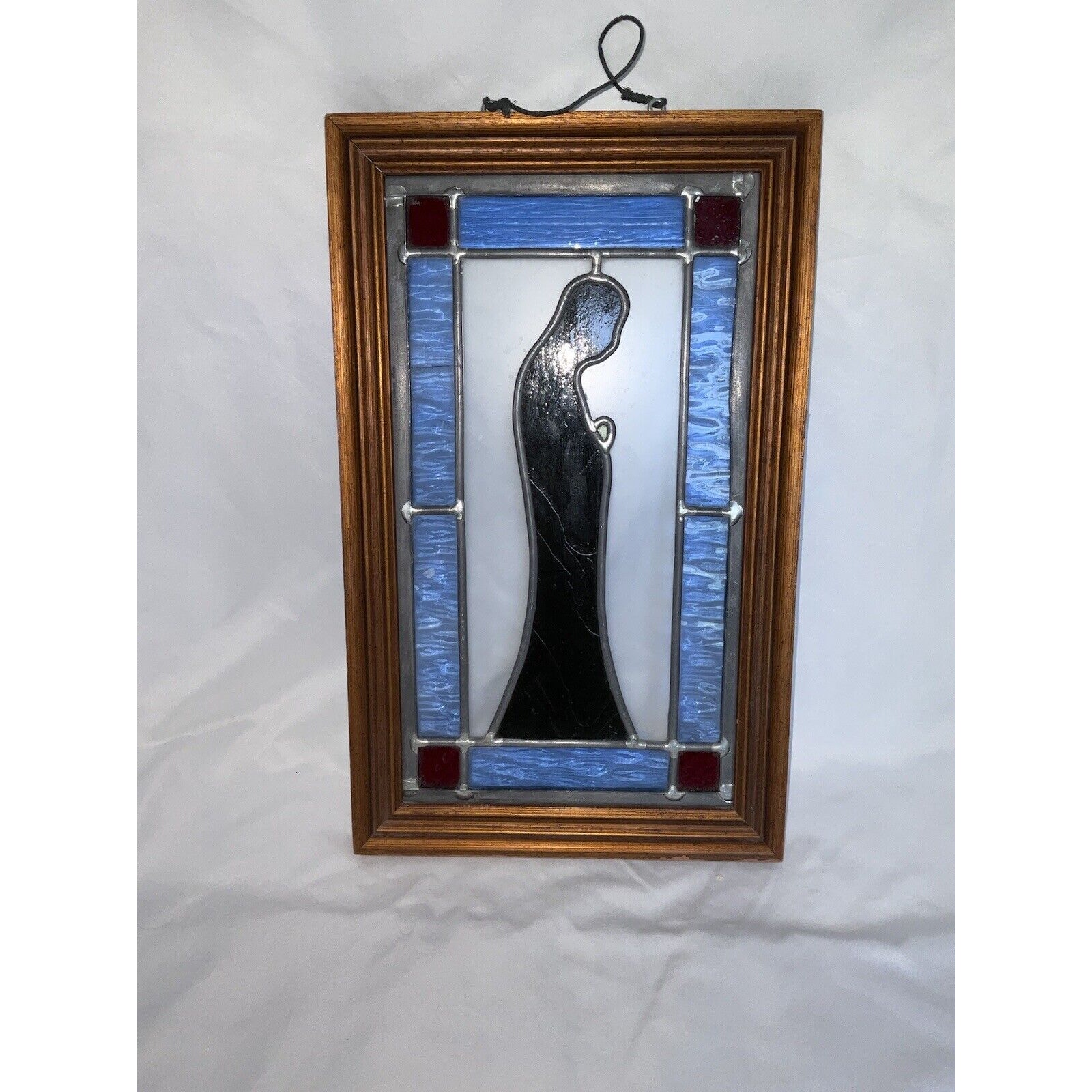 VTG VINTAGE VIRGIN MARY COLORED STAINED GLASS WINDOW DECORATION 9x14.75”