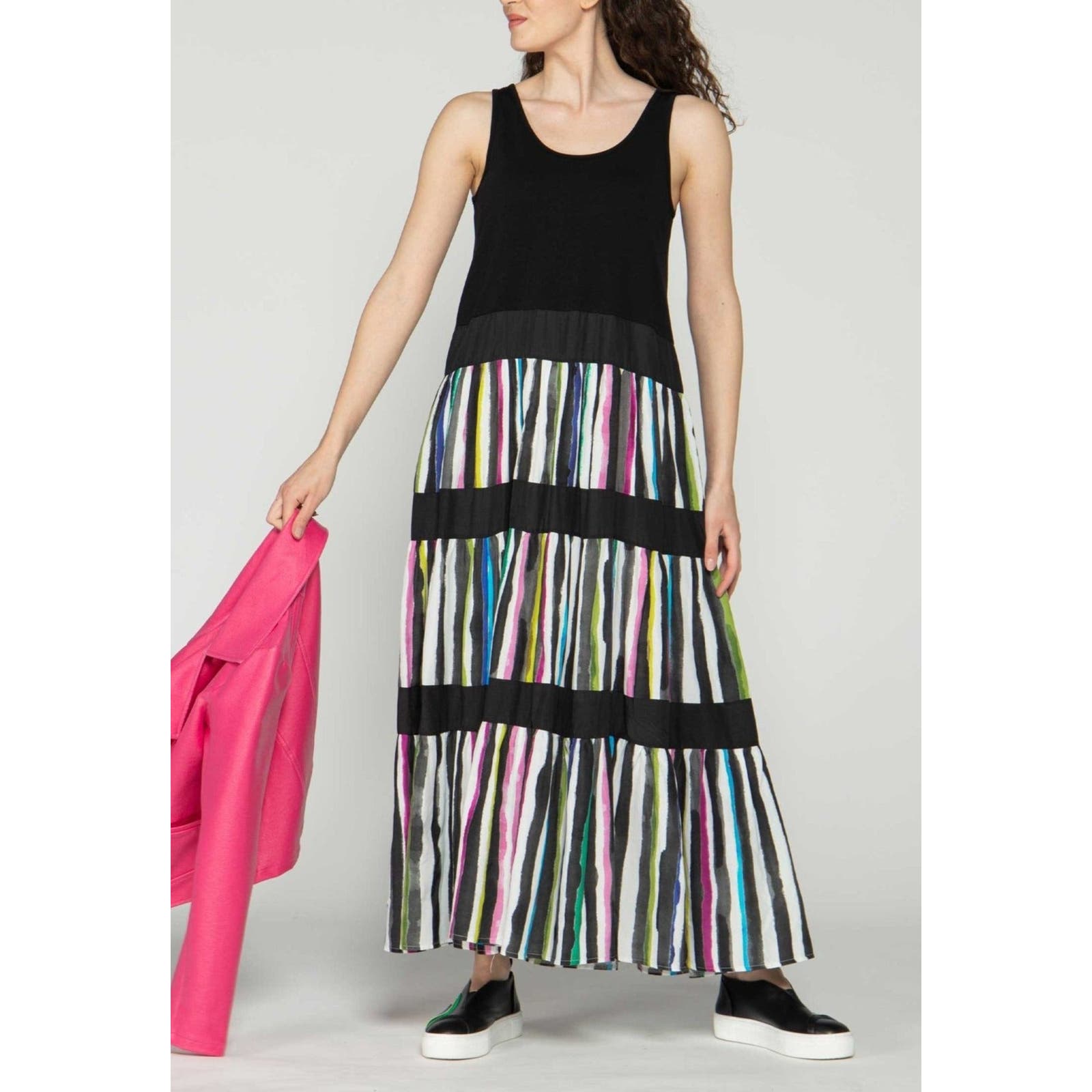 Women's Maxi Dress Size 10 Black Luukaa Stripes Tank Sleeveless Scoop Neck NWT