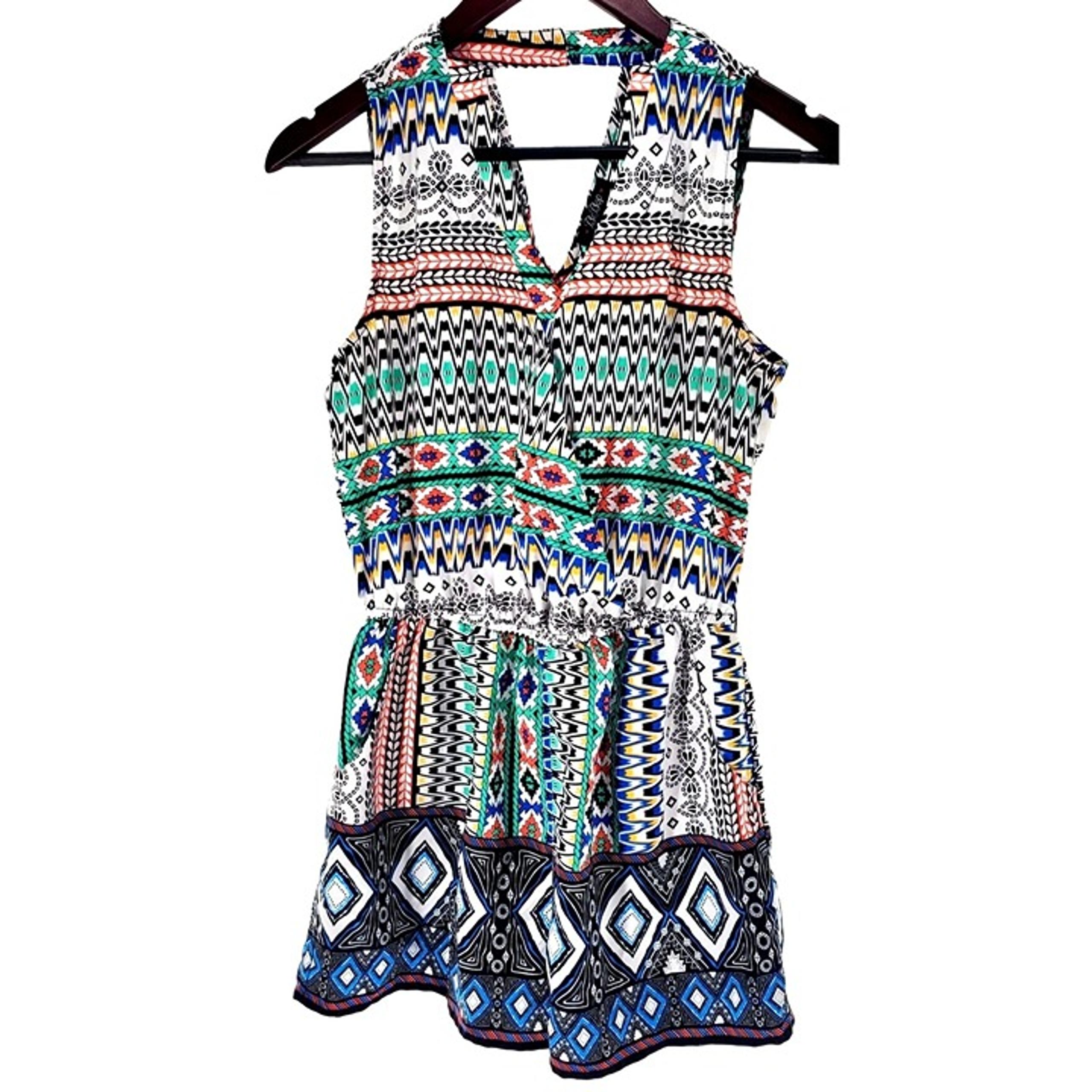 BeBop Colorful Romper Shorts Sleeveless Boho Aztec Cutout Pocket One-piece Small