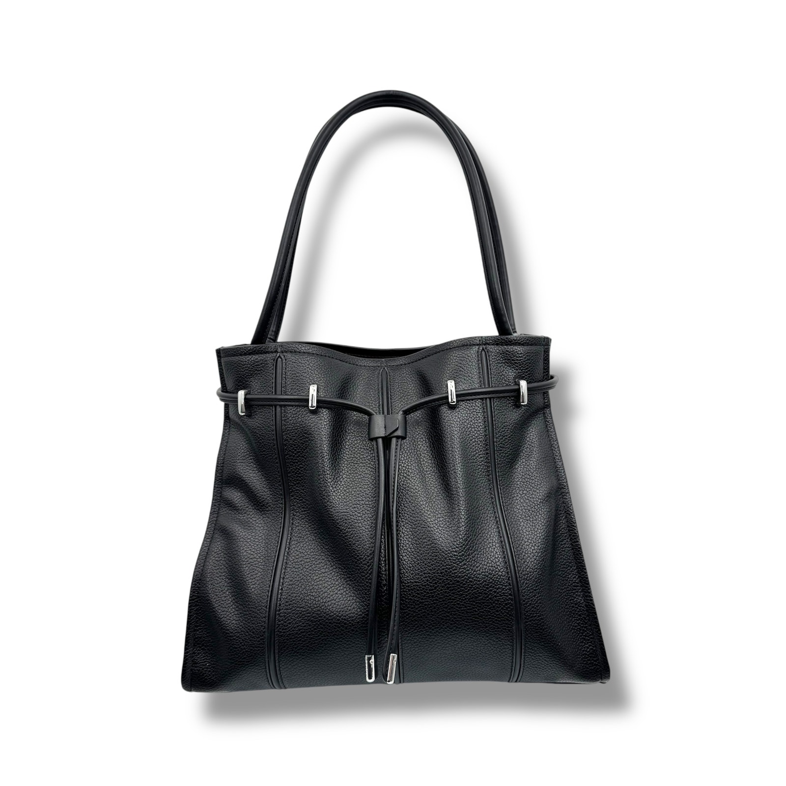 Calvin Klein Fatima drawstring tote black vegan pebbled leather shoulder bag