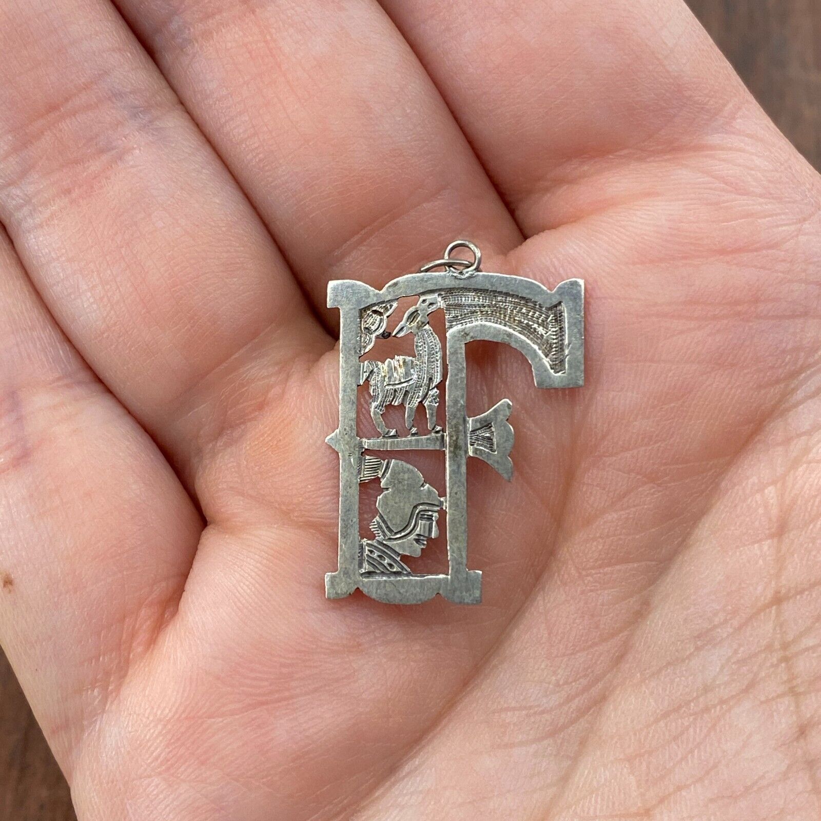 Vintage 900 Silver Letter F Aztec Style Llama Pendant Bracelet Charm