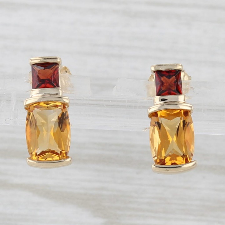 1.09ctw Citrine Garnet Stud drop Earrings 10k Yellow Gold