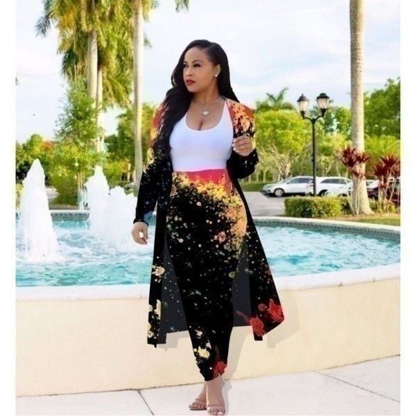 Plus Sz Printed Tank Top+Long Cloak+Pants 3pc Set