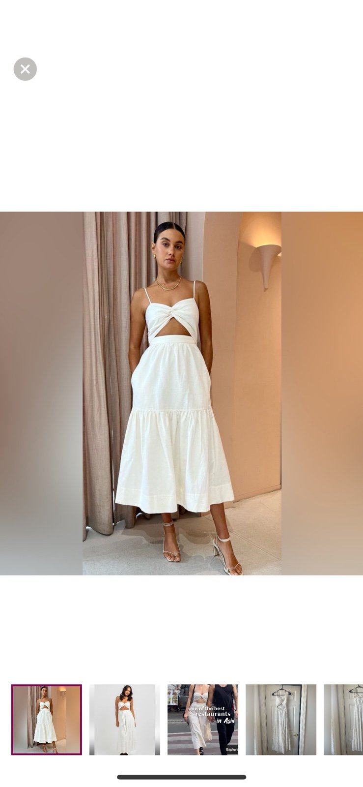 White dress with twisted cutout top, tie straps and tiered skirt, size 4