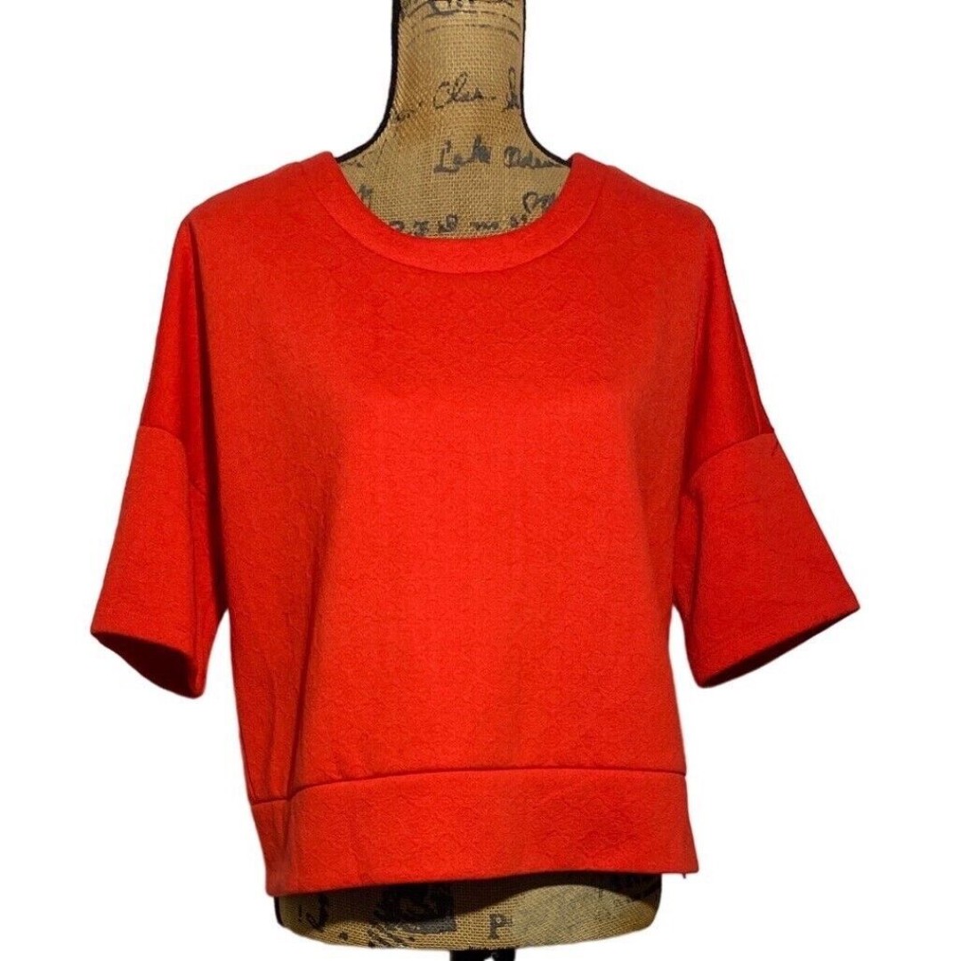 Ann Taylor LOFT Sweatshirt MED Boxy Orange Red Embossed Print Cute Work