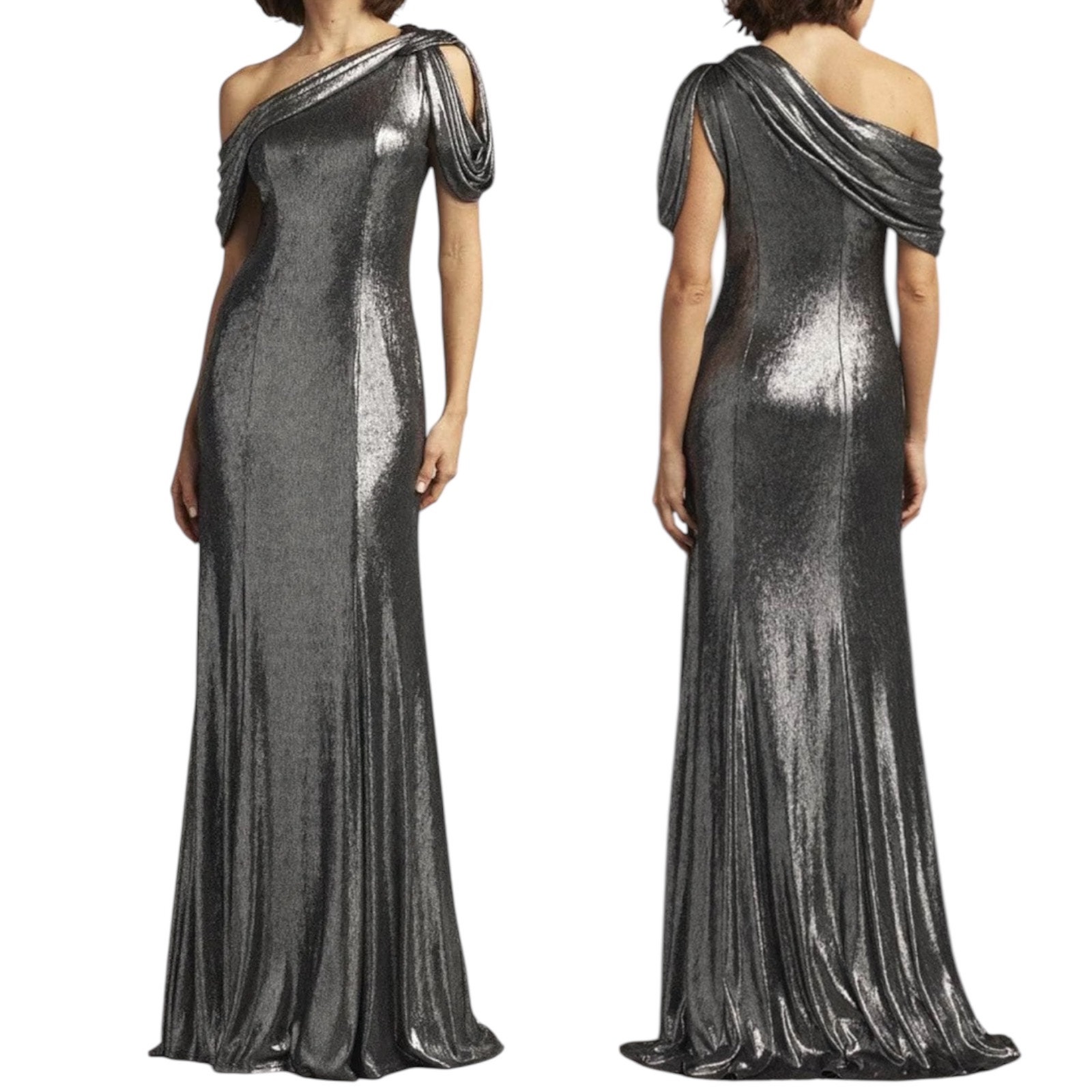 Tadashi Shoji Copley Shoulder Drape Lame Gown Silver Steel Size XL
