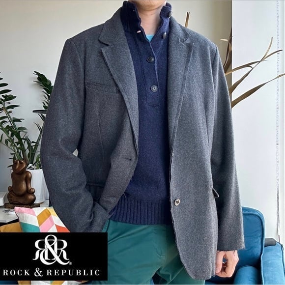 Rock & Republic Wool Gray Long Sleeve Raw Hem Pockets Sport Blazer Jacket XXL