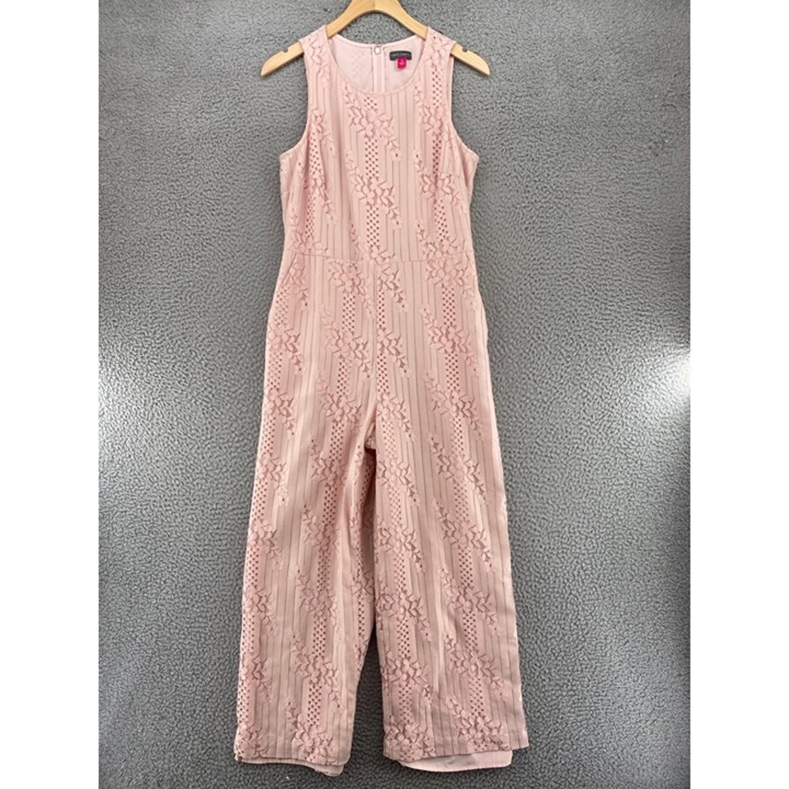 Vince Camuto Jumpsuit Womens 6 Pink Lace Overlay Floral Straight Leg Sleeveless