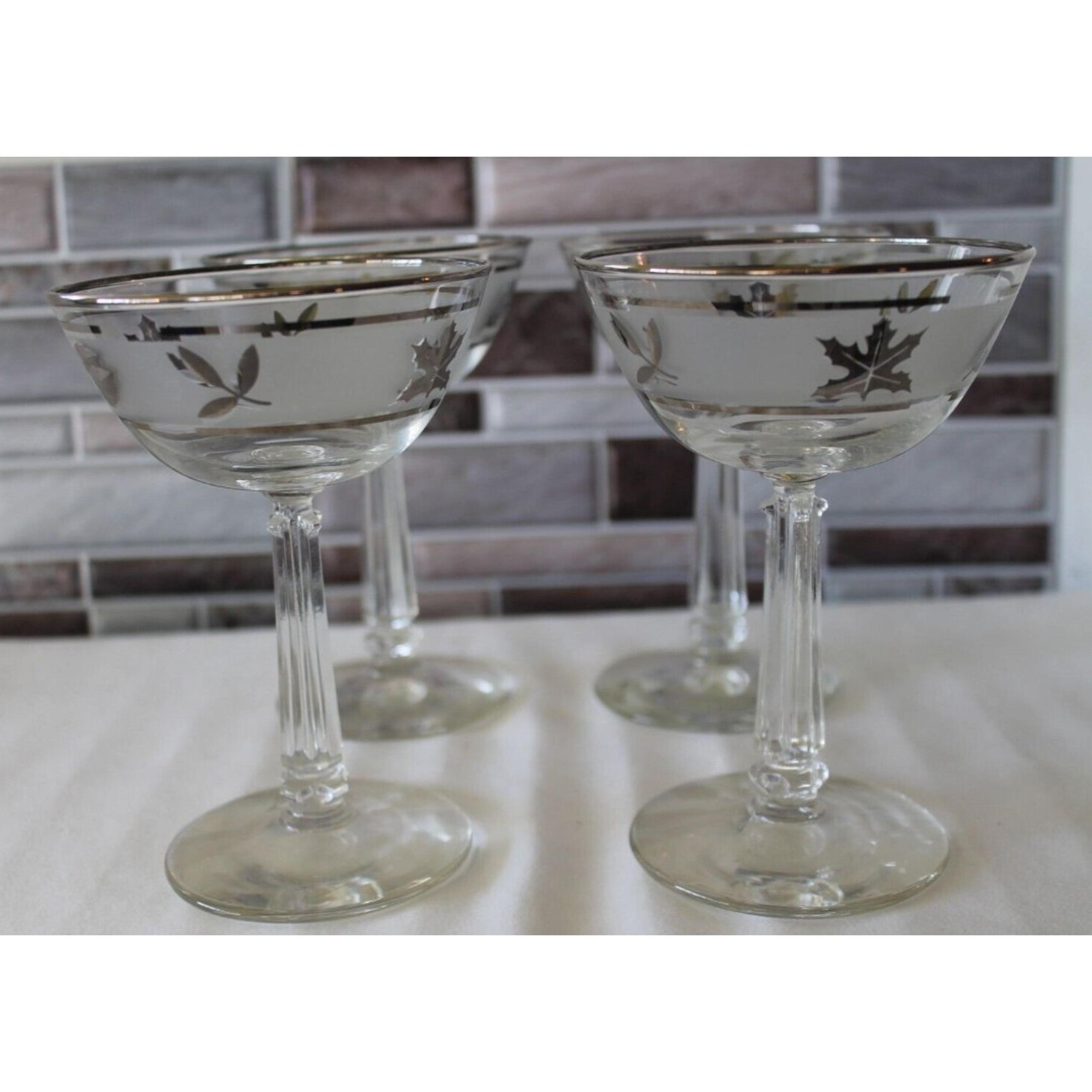 Libbey Glass Company, Silver Leaf, Liquor Cocktail Stemware, Glasses 4 Piece VTG
