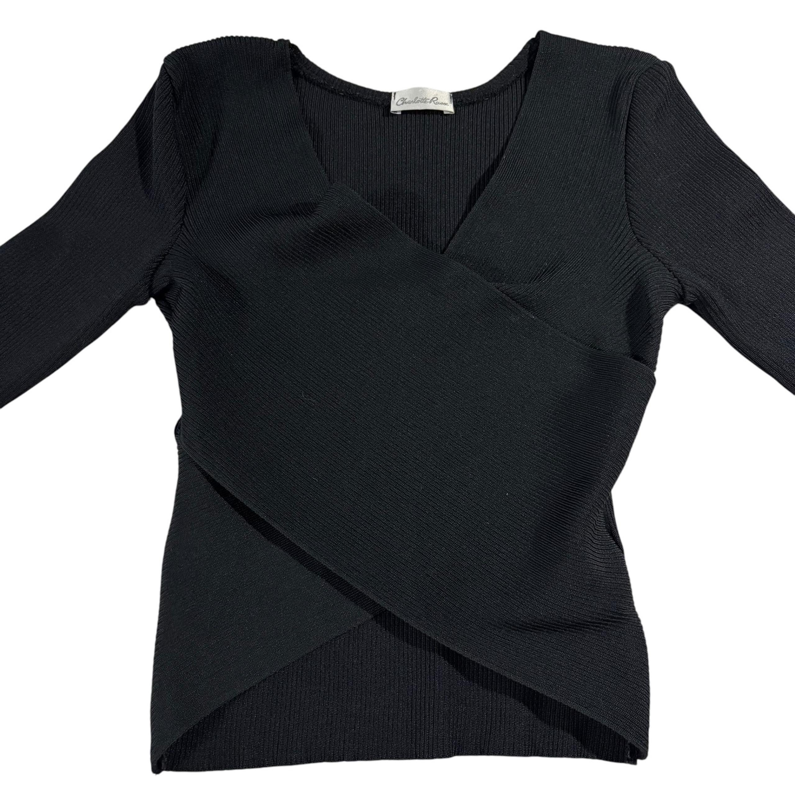 Charlotte Russe Ribbed Knit Top Wrap Front Long Sleeve Blouse Black Size S