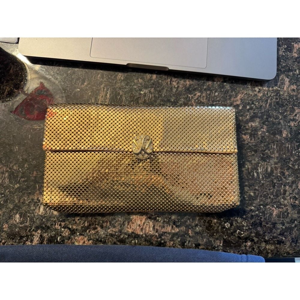 Vintage Mesh Whiting and Davis Co. Mesh Bag Gold Tone Clutch with Mirror