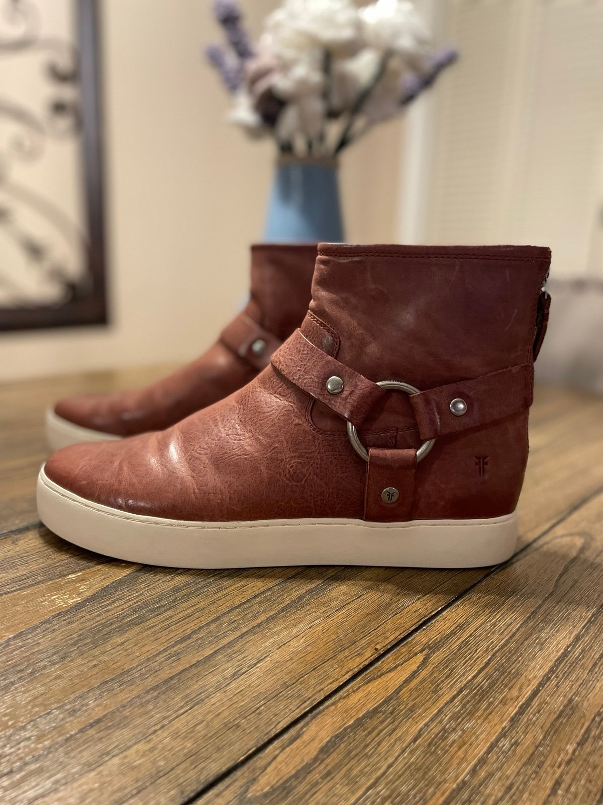 Frye Women's Lena Brown Red Leather Harness Sneaker Bootie Size 11M Biker Moto