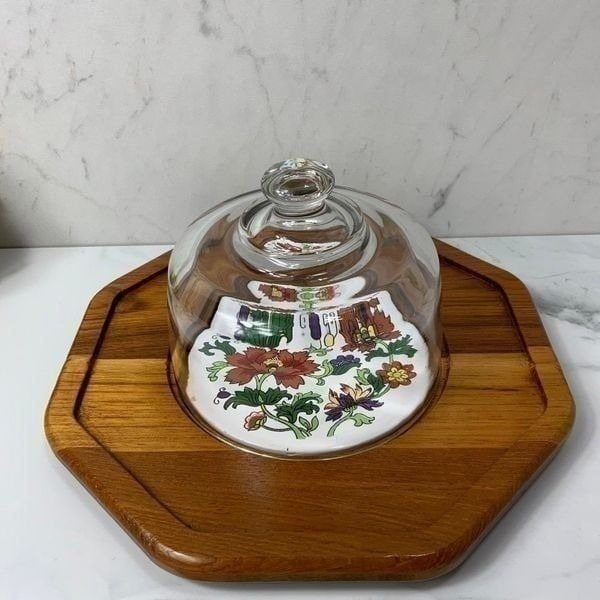 VINTAGE Dolphin Teakwood cheese board with glass dome