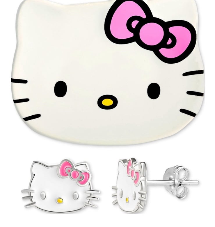 New Hello Kitty 2-Pc. Set Enamel Kitty Stud Earrings in Sterling Silver & Dish