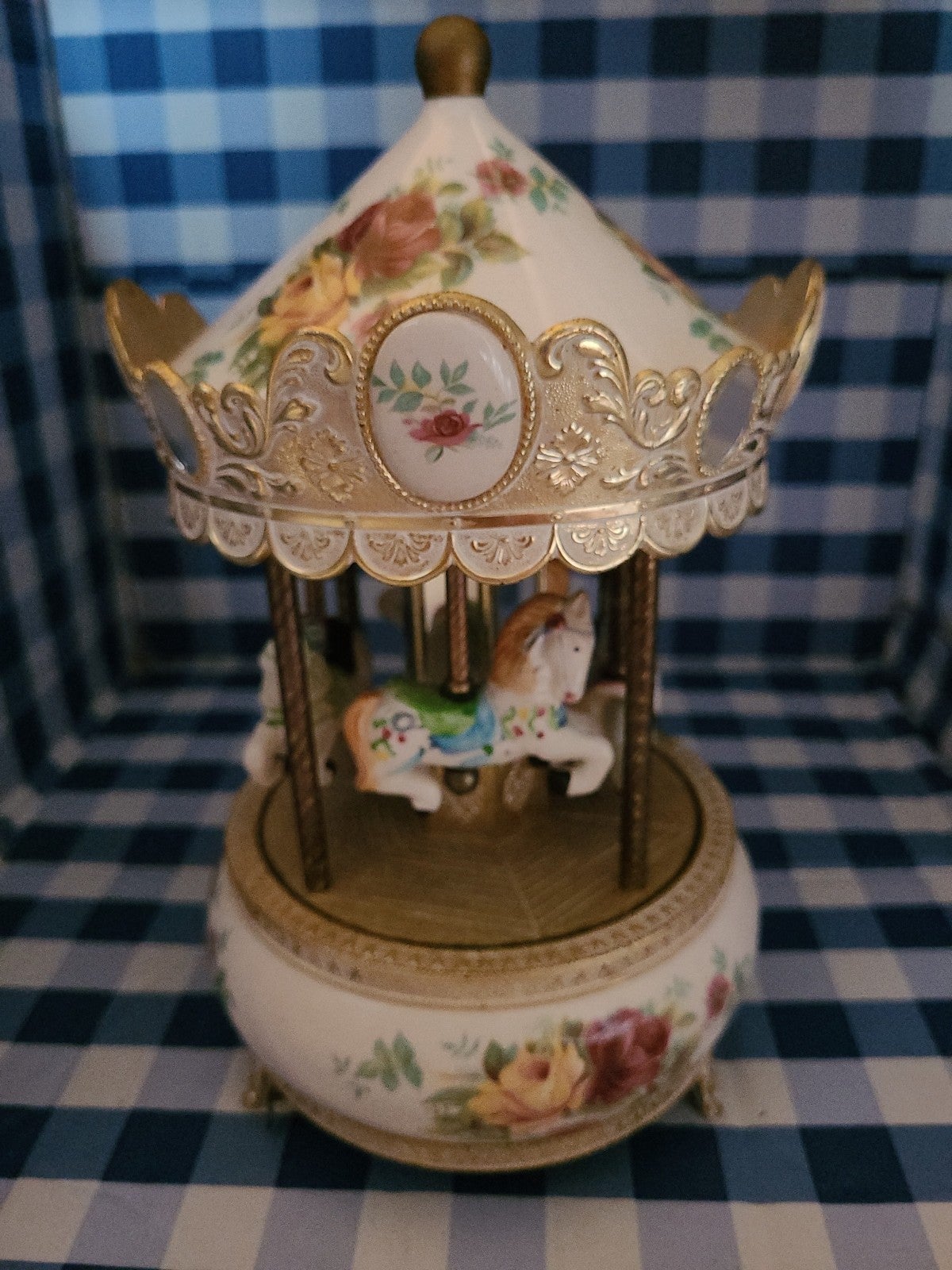 Rare Antique brass/ porcelain carousel MusicBox