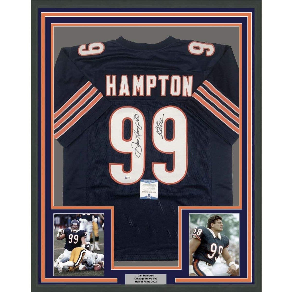 Framed Autographed/Signed Dan Hampton HOF 2002 35x39 Chicago Blue Jersey Becket