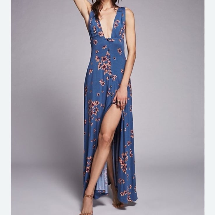FREE PEOPLE Other Days Blue Floral Sleeveless Plunge Flowy Maxi Dress Medium