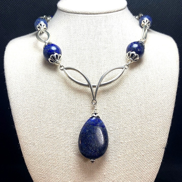 VTG Sterling Silver 925 Elegant Lapis Lazuli Statement Necklace Size 23'' Length