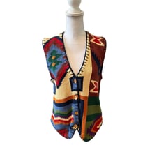 Vintage Southwestern Aztec Print Ramie Cotton Hand Knit Vest