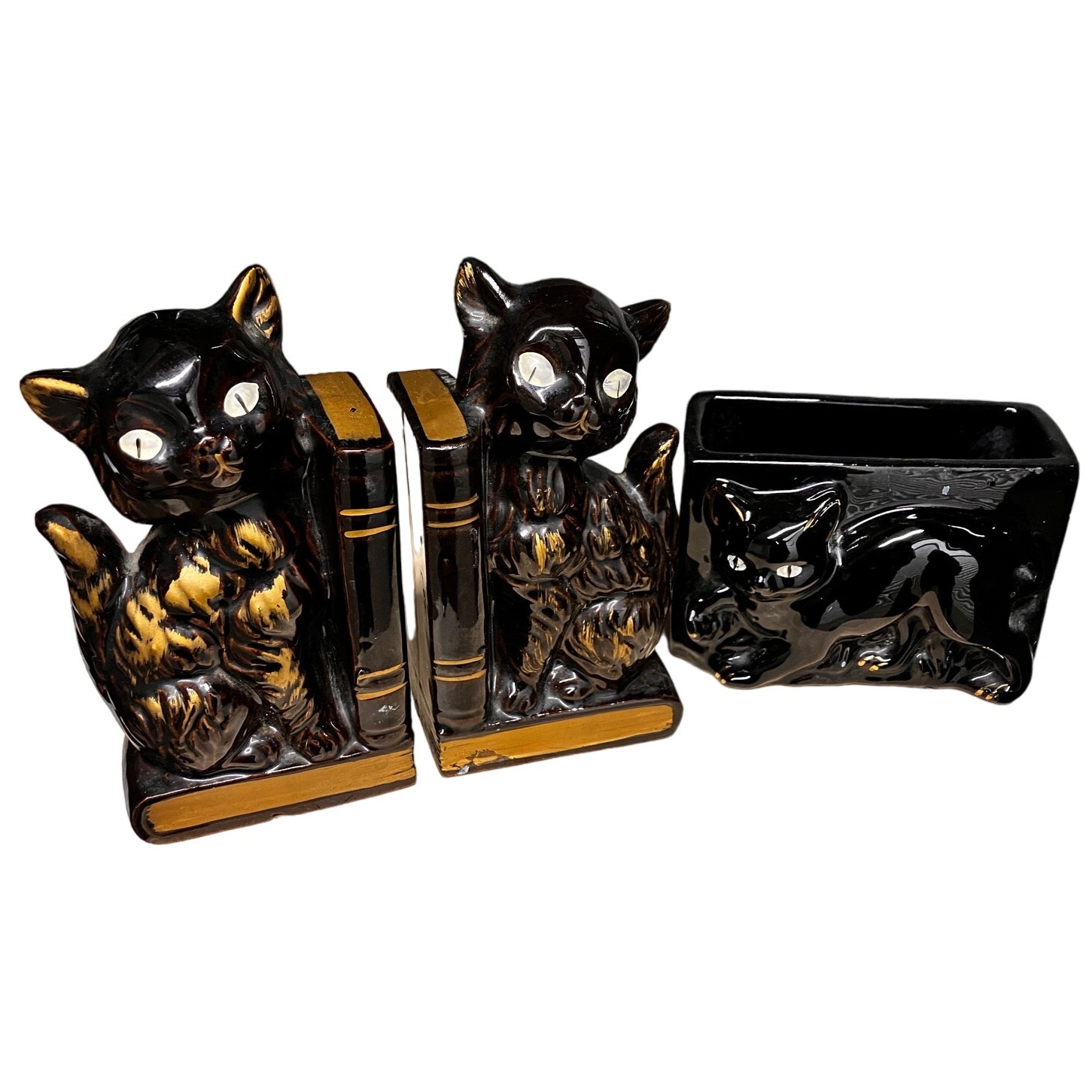Cat Book Ends and Container, Black, Possible Redware, Halloween, Spooky, Decor