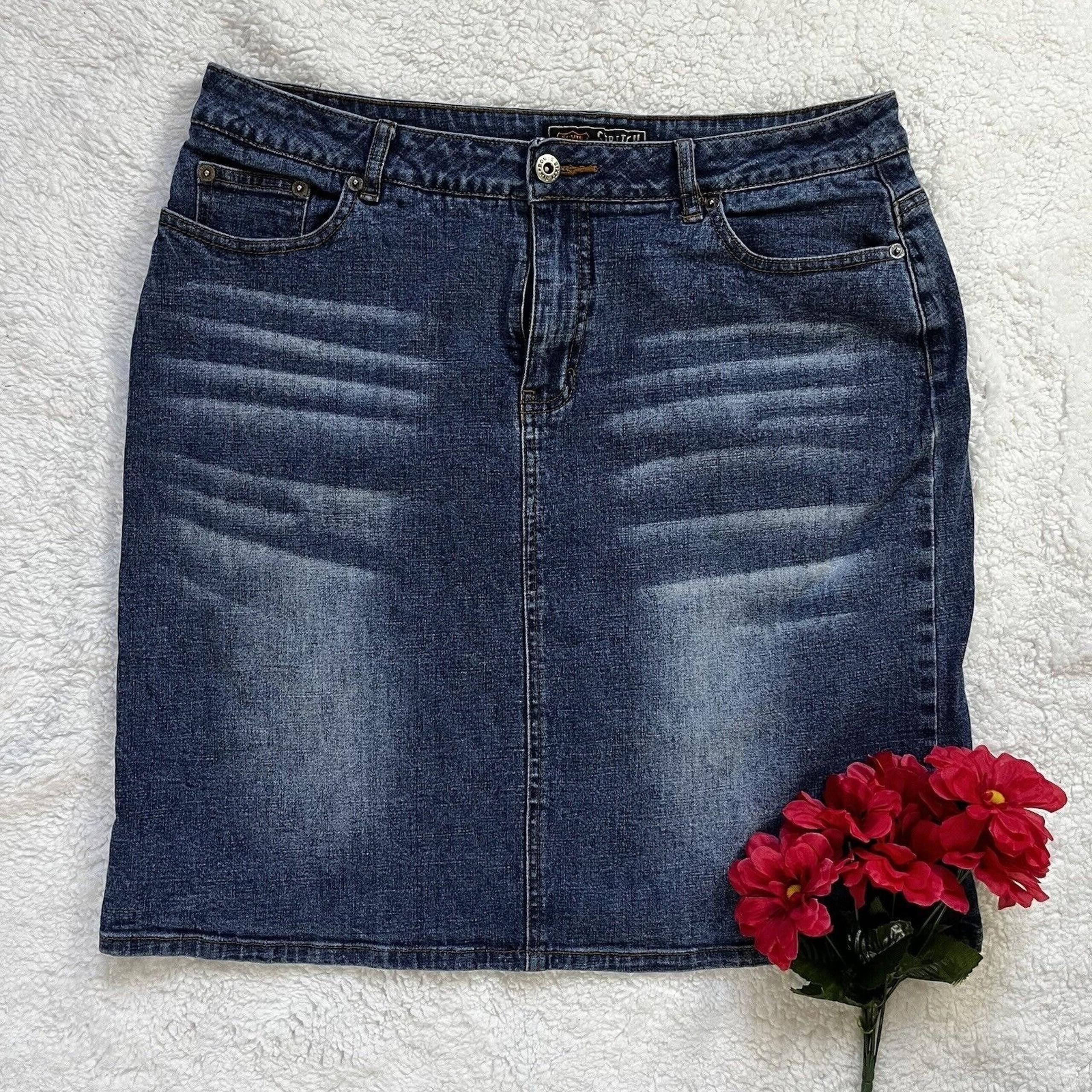 Route 66 Skirt Womens Size 12 Jean Denim Stretch 5 Pocket Vent Blue Casual