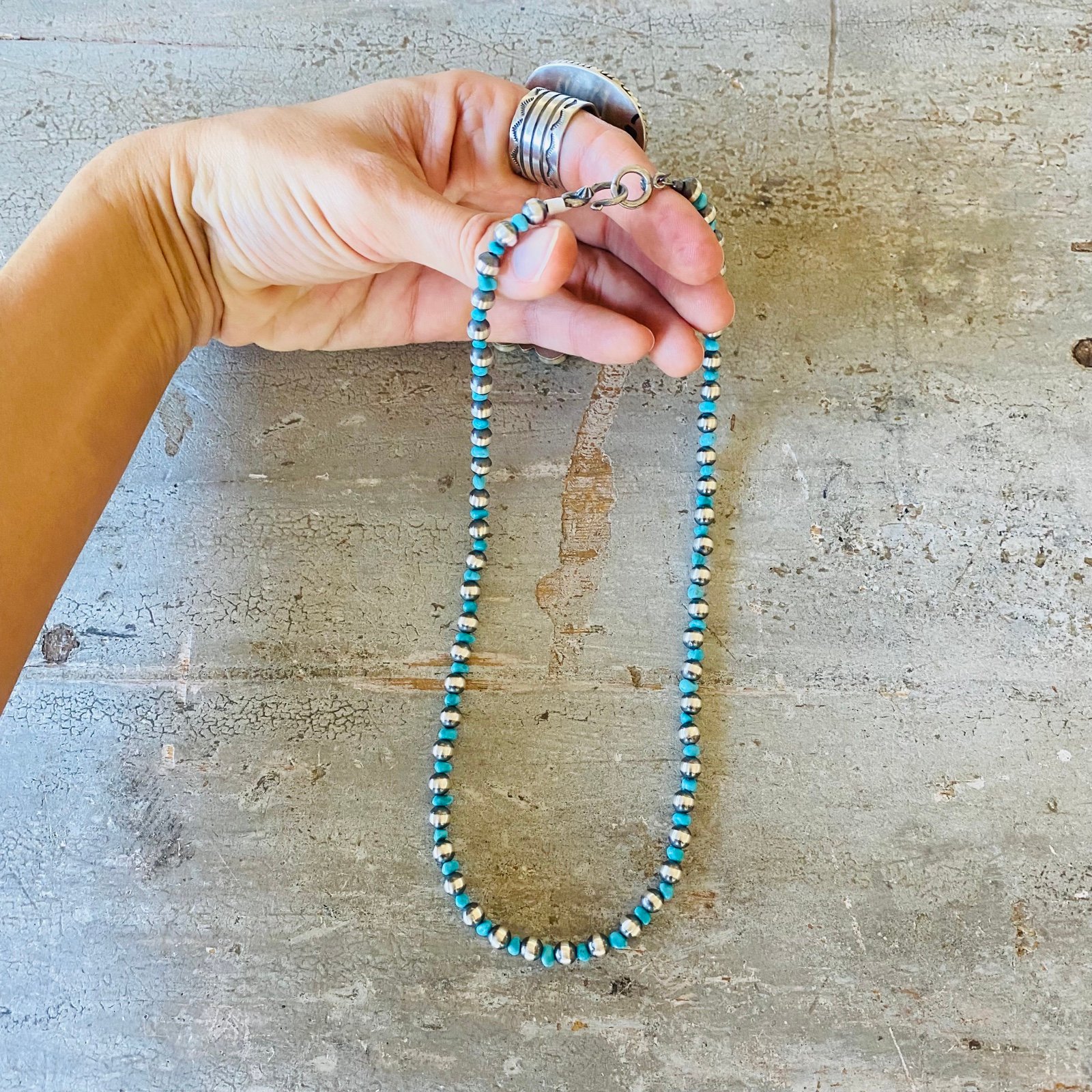 Native Strung Sterling Silver Machine Made & Turquoise 7mm Pearls Necklace