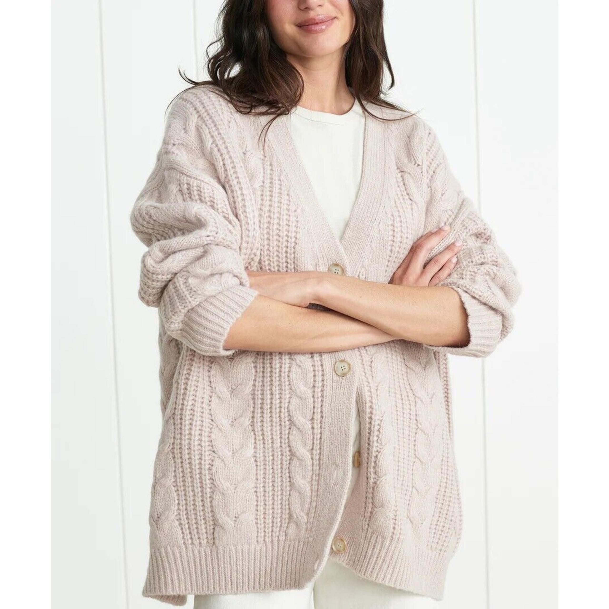 Jenni Kayne Cable Cocoon Oversize Cardigan Sweater Size L Blush Pink #1G412
