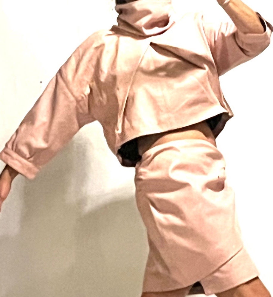 Blush pink unique rare leather skirt and top