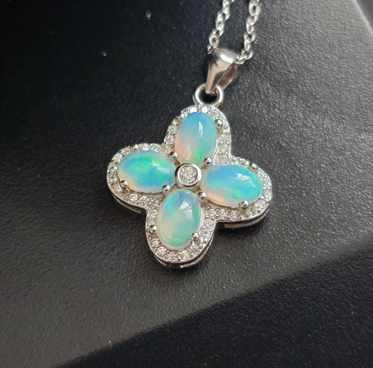 Fine opal clover white gold filled solid 925 sterling silver necklace