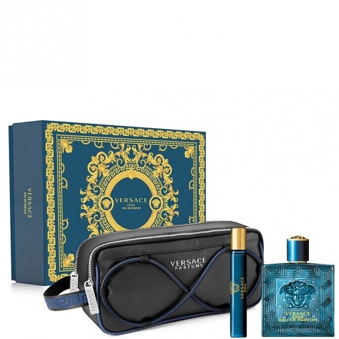 Versace Eros Eau De Parfum 3 Piece Gift Set 3.4 Oz Spray + Travel + Bag
