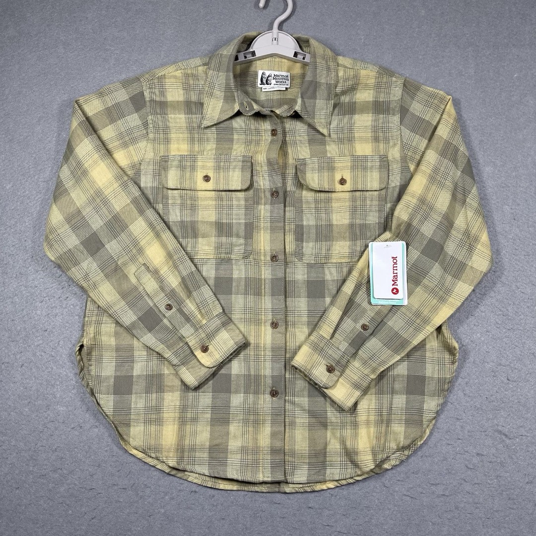 Marmot Shirt Womens Medium Yellow Fairfax Boyfriend Flannel Plaid Lightweight