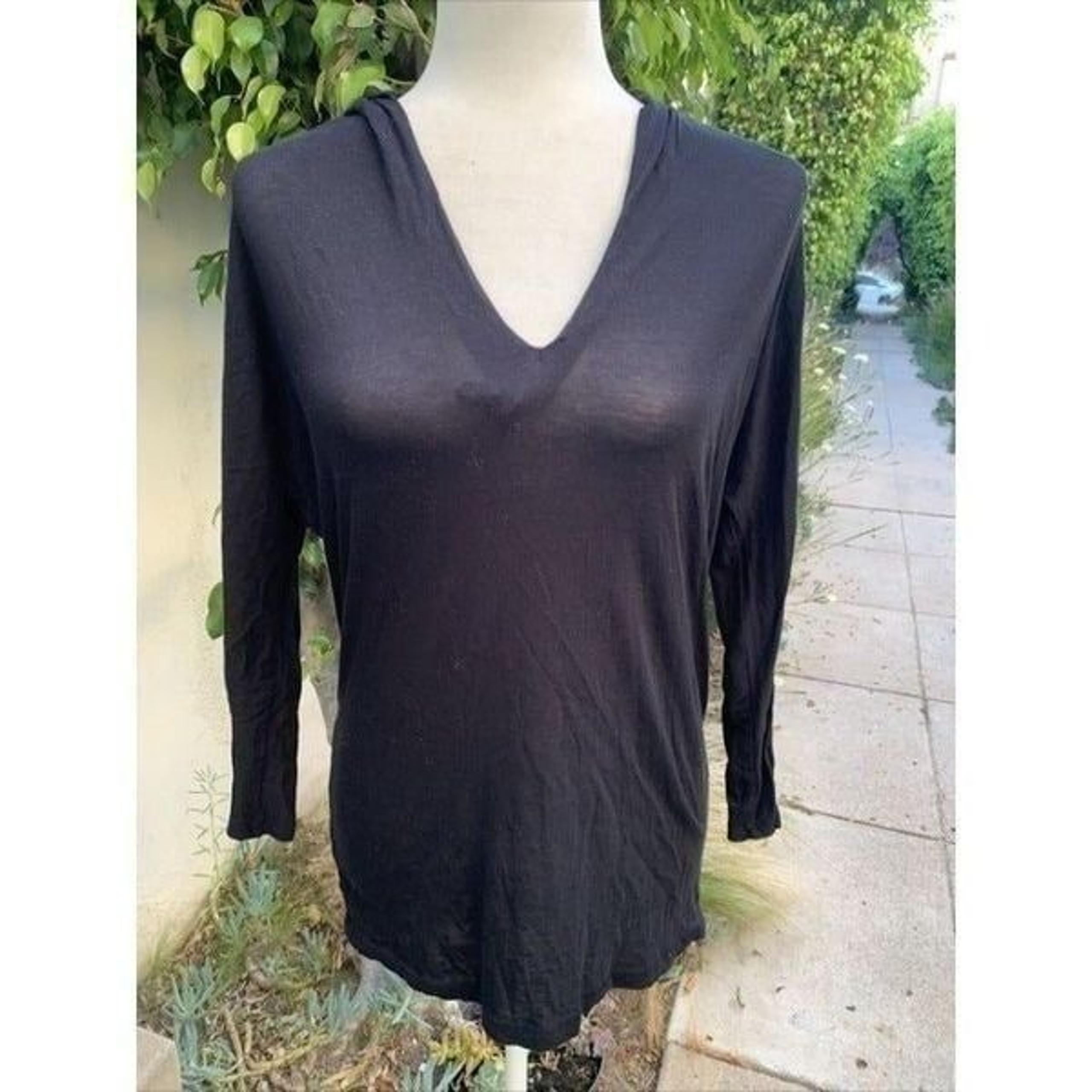 three dots womens solid black v neck long sleeve top small